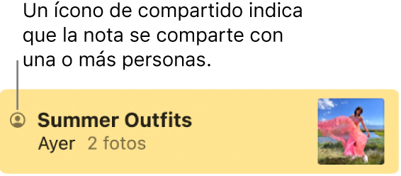 Una nota que se ha compartido con otras personas, con el ícono Compartido a la izquierda del nombre de la nota.