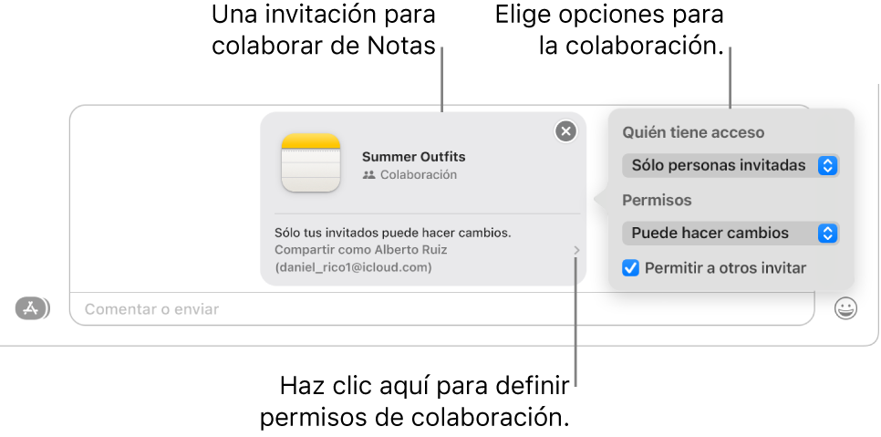 Un acercamiento del campo de mensaje de texto en la parte inferior de la conversación de Mensajes. Hay una invitación para colaborar en una nota. Puedes hacer clic en el lado derecho de la invitación para configurar los permisos de colaboración.