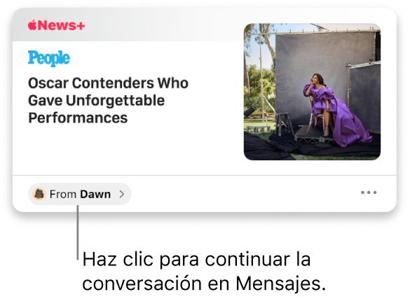 Un artículo compartido en News. Haz clic en la etiqueta De para enviar una respuesta en Mensajes.