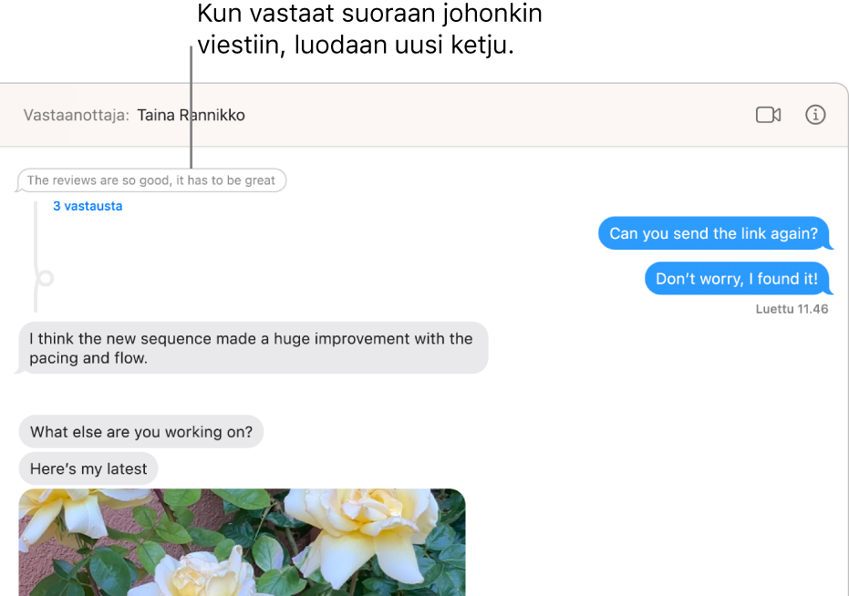 Viestit-ikkuna, jonka keskustelussa on yhden viestin alla uusi ketju.