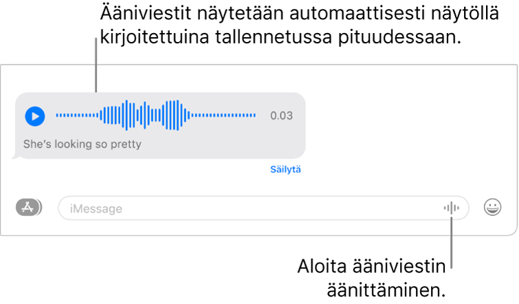 Viestit-keskustelu, jossa näkyy Äänitä-painike tekstikentän vieressä ikkunan alaosassa. Keskustelussa näkyy ääniviesti, sen puhtaaksikirjoitus ja sen pituus.