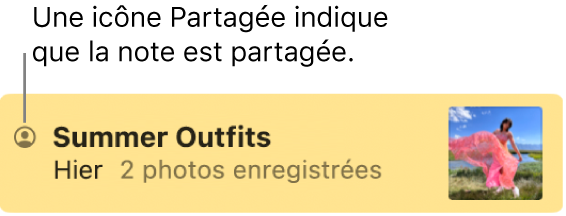 Une note ayant été partagée avec d’autres personnes, avec l’icône de partage à gauche du nom de la note.