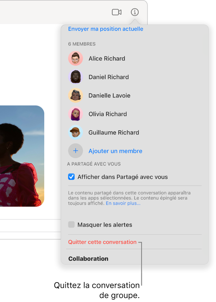 La vue Infos, qui s’affiche après que vous avez cliqué sur le bouton Infos dans une conversation. « Quitter cette conversation » se trouve vers le bas de la zone de dialogue.