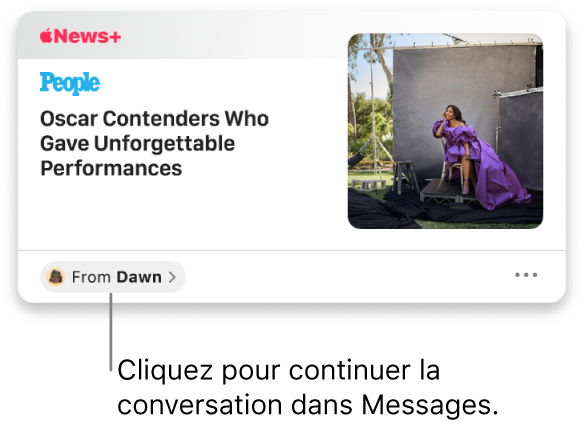 Un article d’actualité partagé dans Actualités. Cliquez sur l’étiquette De pour envoyer une réponse dans Messages.