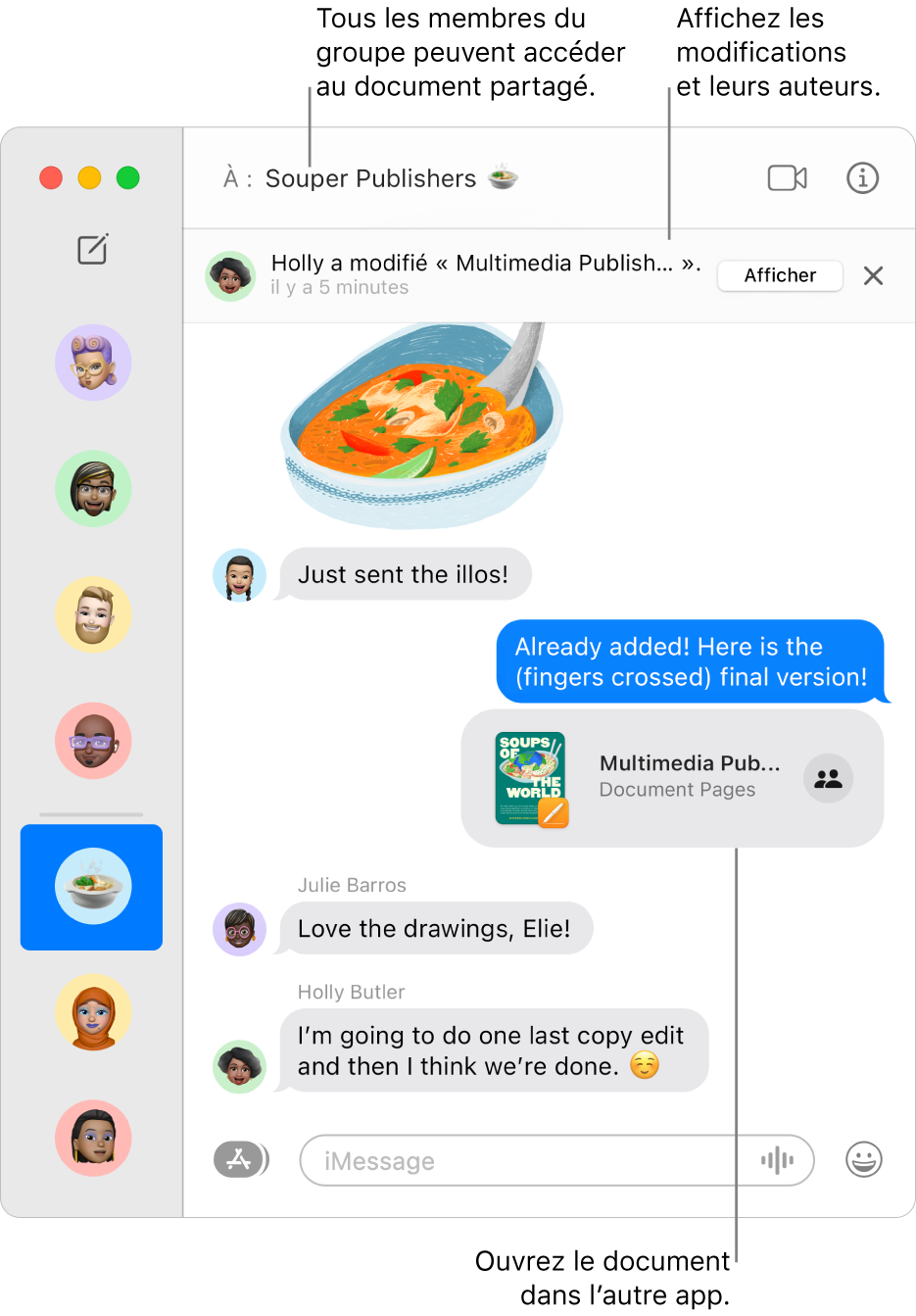 Fenêtre Messages avec une conversation ouverte, ainsi qu’une transcription affichée sur la droite. Quelques éléments sont mis en évidence : un document Pages qui est partagé avec le groupe et peut être ouvert dans Pages à partir de la transcription, le nom du groupe en haut de la fenêtre où tous les participants peuvent accéder au document partagé et une bannière le long du haut de la transcription indiquant qui a apporté des modifications.
