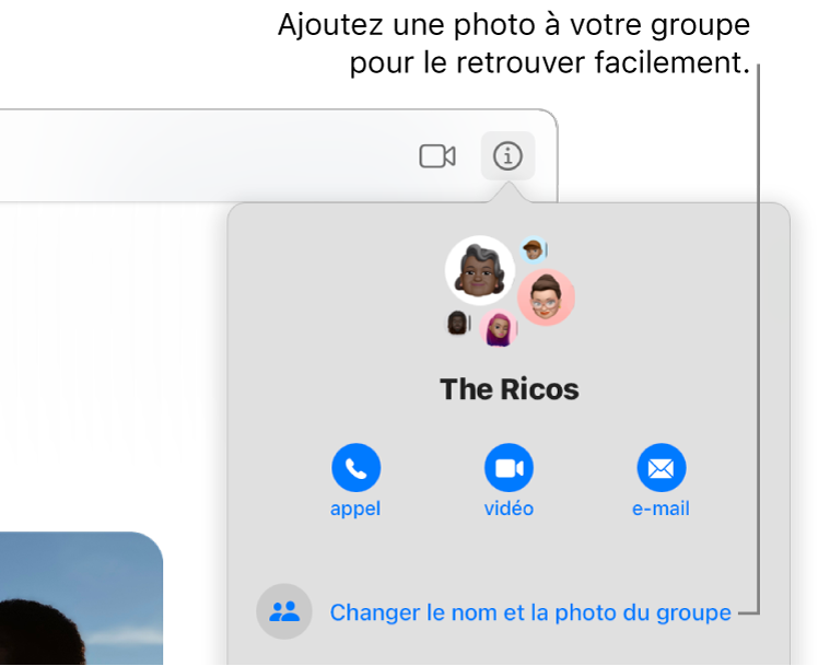 La vue Infos d’une conversation en groupe, qui s’affiche après que vous avez cliqué sur le bouton Infos dans une conversation, affichant les icônes des membres du groupe et le nom du groupe. Sous le nom du groupe figurent des boutons permettant de passer un appel FaceTime audio ou vidéo, ou d’envoyer un e-mail au groupe. Plus bas se trouve le bouton permettant de modifier le nom et la photo du groupe.