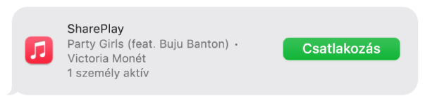 Egy üzenet egy SharePlay-meghívóval közös tv-nézéshez vagy zenehallgatáshoz.
