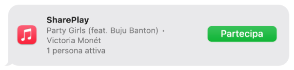 Un messaggio con un invito per unirsi a SharePlay e ascoltare musica insieme.