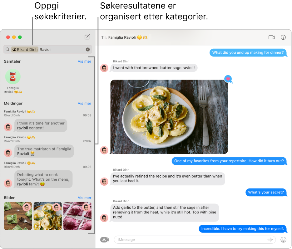 Meldinger-vinduet, med søkekriterier skrevet inn i søkefeltet oppe i venstre hjørne. Under vises søkeresultatene organisert etter kategorier som Samtaler, Meldinger og Bilder.