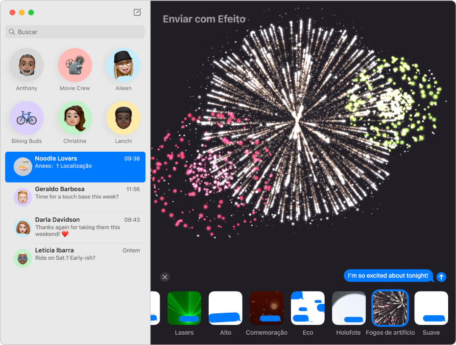 A janela do app Mensagens com várias conversas em uma lista na barra lateral à esquerda e um efeito de mensagem (fogos de artifício) aparecendo na conversa à direita.