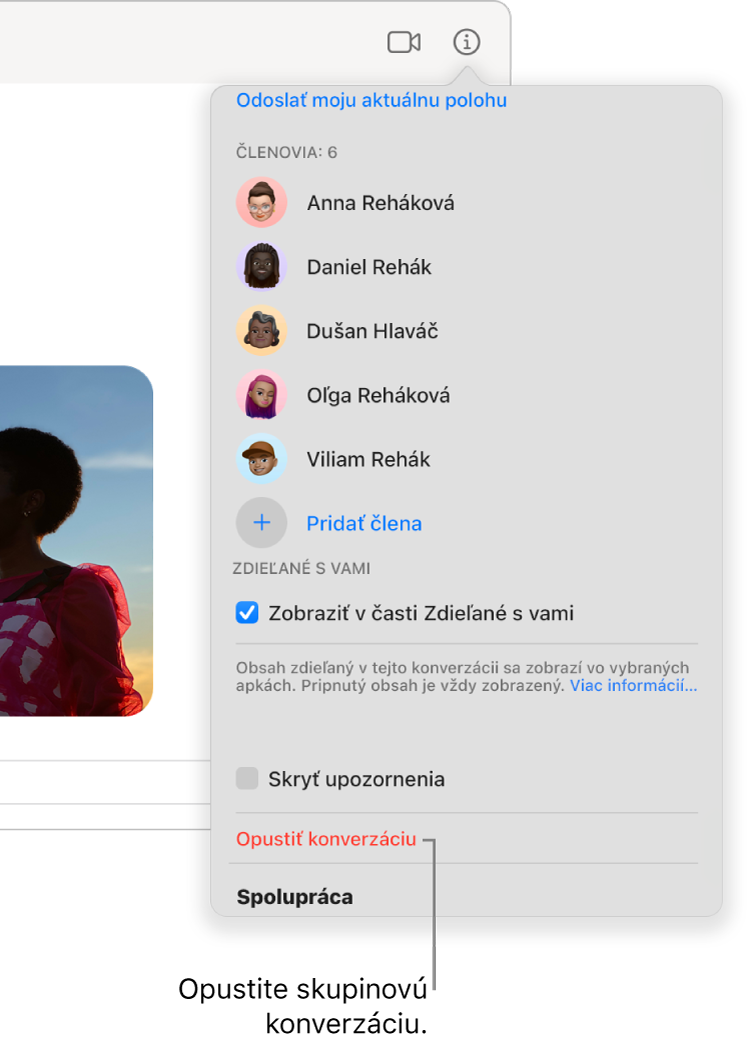 Zobrazenie Informácie, ktoré sa objaví po kliknutí na tlačidlo Informácie v konverzácii. Naspodku dialógového okna sa nachádza možnosť Opustiť túto konverzáciu.