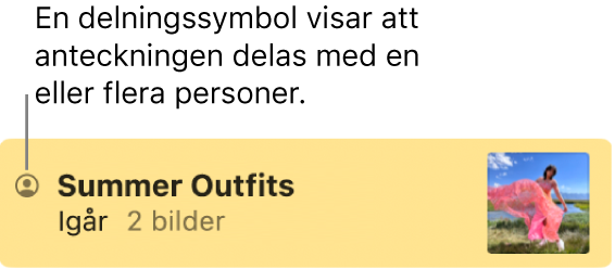 En anteckning som har delats med andra, med symbolen för att den är delad till vänster om anteckningens namn.