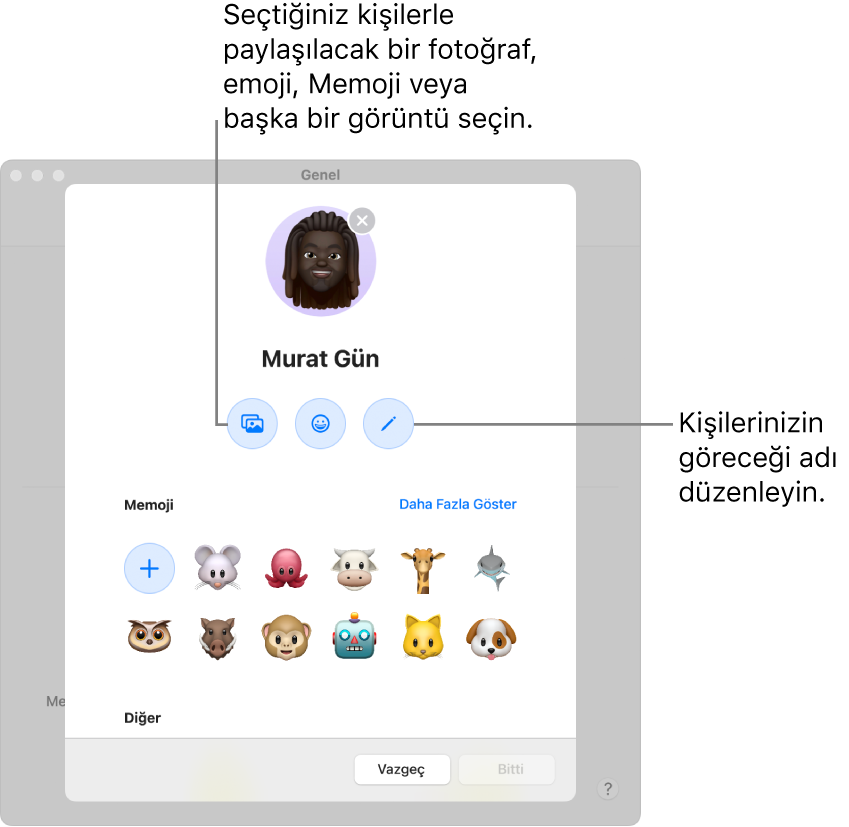 Ad ve Fotoğraf Paylaşma sorgu kutusu, kişilerinizin gördüğü adı düzenleme ve fotoğraf, emoji, Memoji veya başka bir görüntü seçme seçeneklerini gösteriyor.