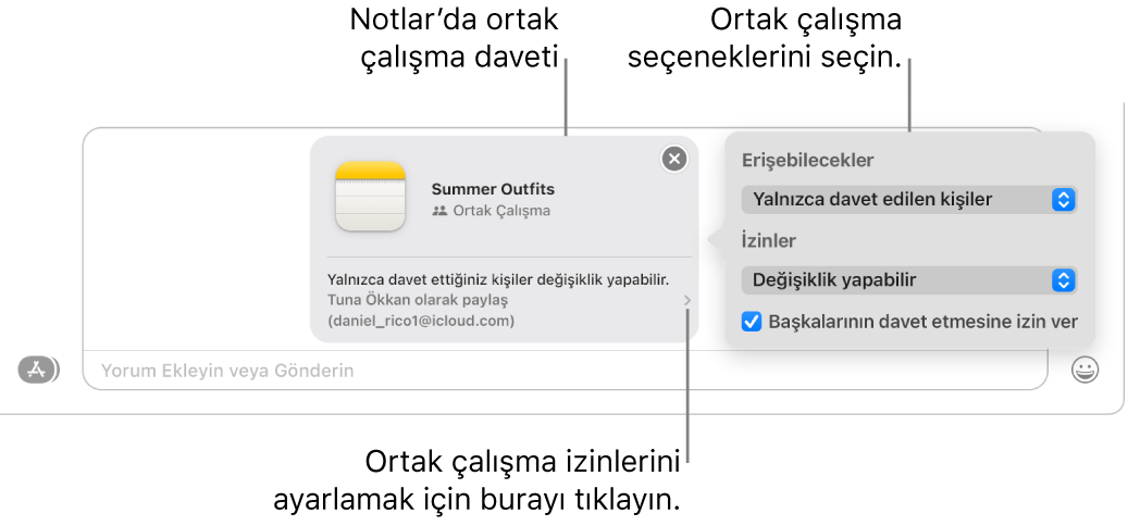 Mesajlar yazışmasının en altındaki metin alanının yakın çekim görüntüsü. Bir not üzerinde ortak çalışma daveti var. Ortak çalışma izinlerini ayarlamak için davetin sağ tarafını tıklayabilirsiniz.