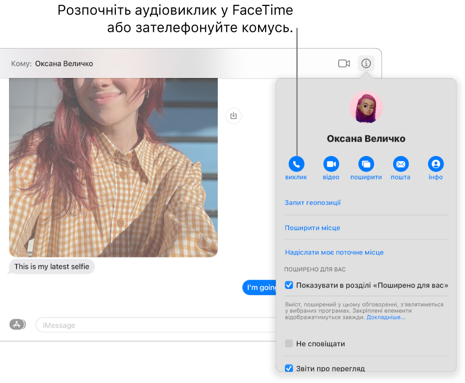 Вікно «Досьє», яке відображається після клацання кнопки «Досьє» в обговоренні. Натисніть кнопку виклику, щоб почати аудіовиклик у FaceTime або комусь зателефонувати.
