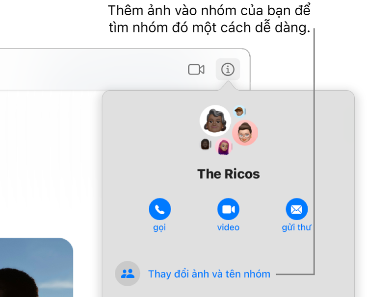 Chế độ xem Thông tin của một cuộc hội thoại nhóm, xuất hiện sau khi bạn bấm vào nút Thông tin trong cuộc hội thoại, đang hiển thị biểu tượng của các thành viên trong nhóm và tên nhóm. Bên dưới tên nhóm là các nút để thực hiện cuộc gọi FaceTime video hoặc âm thanh hoặc gửi email cho nhóm. Bên dưới đó là nút để thay đổi tên và ảnh nhóm.