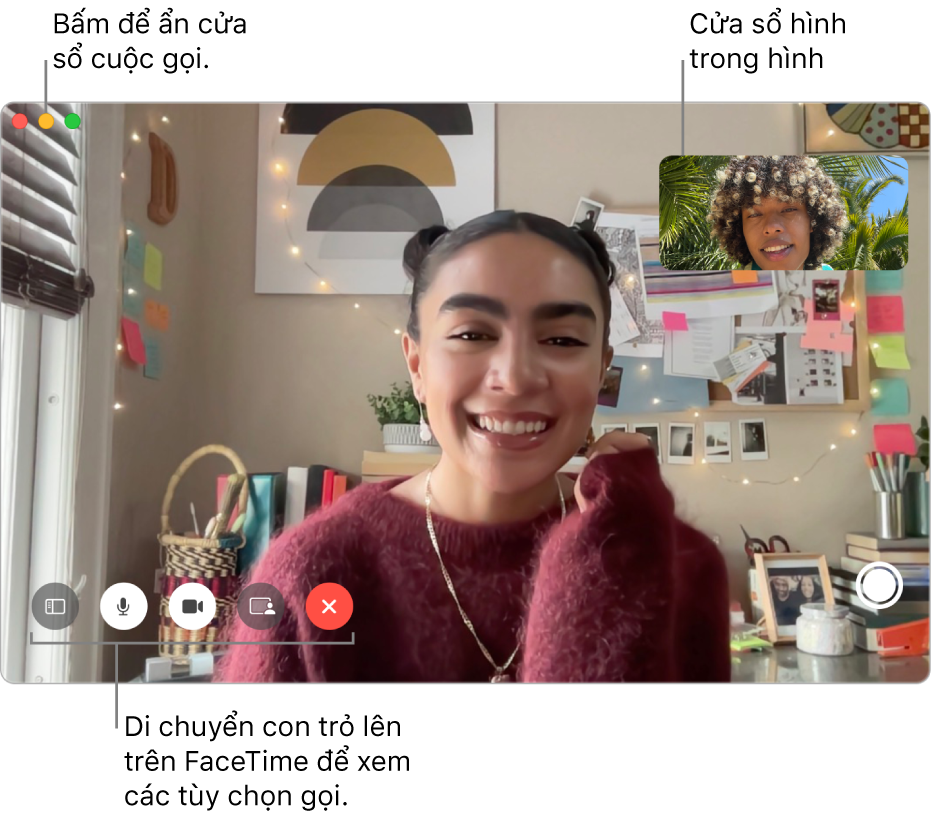 Di chuyển con trỏ lên trên cửa sổ FaceTime để xem các nút Thanh bên, Tắt tiếng, Tắt tiếng video, Chia sẻ màn hình, Kết thúc cuộc gọi và Live Photo. Bấm vào nút giữa ở góc trên cùng bên trái để ẩn cửa sổ cuộc gọi. Cửa sổ hình trong hình sẽ xuất hiện ở góc trên cùng bên phải.