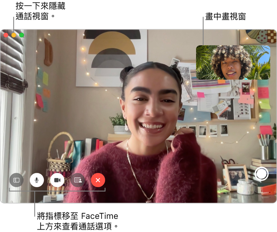 將指標移至 FaceTime 視窗上方來查看「側邊欄」、「靜音」、「將視像靜音」、「螢幕共享」、「結束通話」和「原況相片」按鈕。按一下左上角的中央按鈕來隱藏通話視窗。畫中畫視窗會出現在右上角。