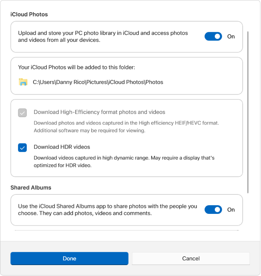 Opcje Zdjęć w aplikacji iCloud dla Windows. Wybrana jest zarówno funkcja Zdjęcia w iCloud, jak i Albumy udostępnione.