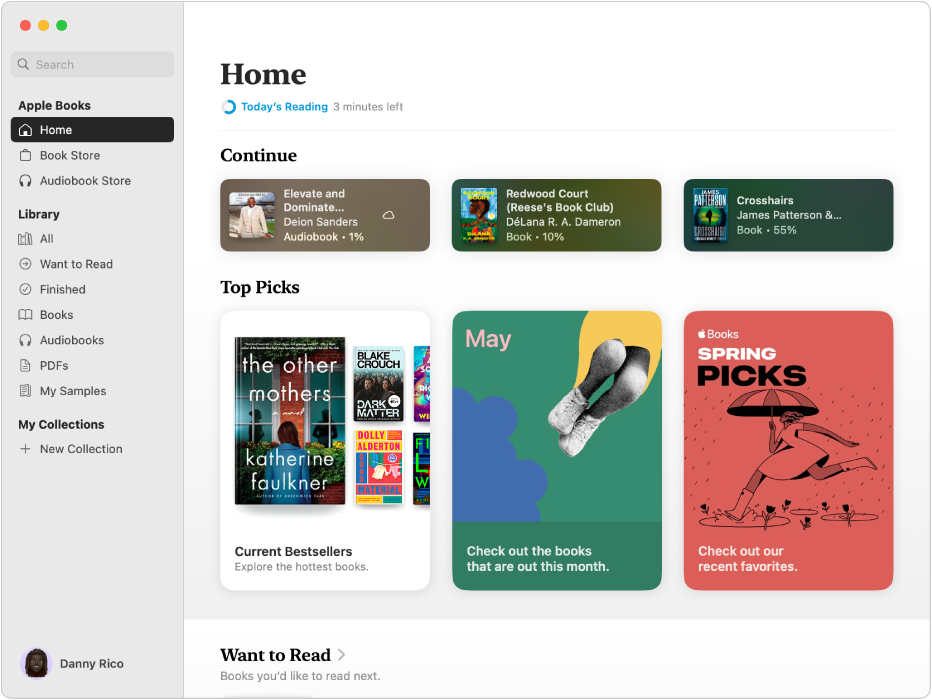 The Home tab, showing books and audiobooks that are currently being read, as well as titles in the Top Picks section and a link to the Want to Read collection.