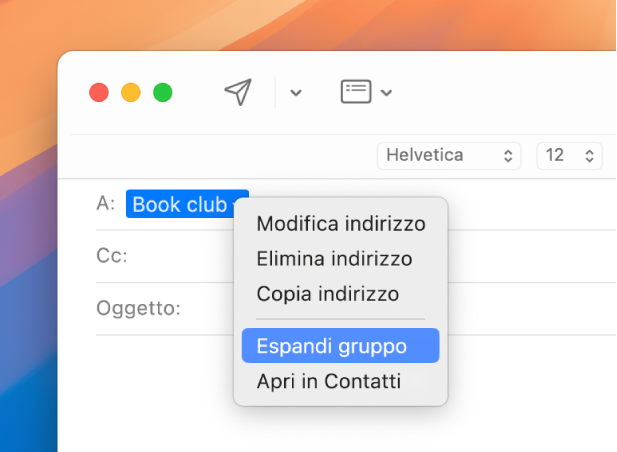 Un’email in Mail con un elenco nel campo A e un menu a comparsa che mostra il comando “Espandi gruppo” selezionato.