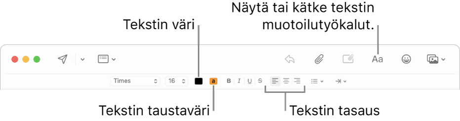 Uuden viestin ikkunan työkalupalkki ja muotoiluvalinnat, joissa näytetään tekstin värin, taustavärin ja tasaamisen painikkeet.