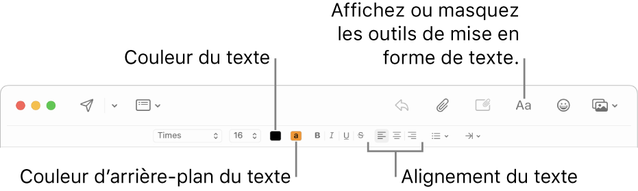 Barre d’outils et option de mise en forme d’une nouvelle fenêtre de message indiquant la couleur du texte, la couleur d’arrière-plan du texte et les boutons d’alignement du texte.