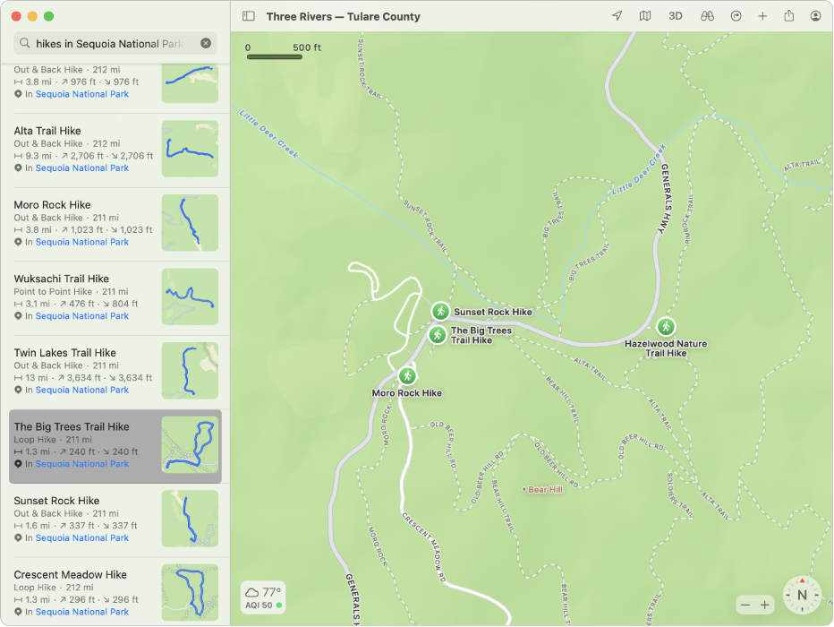 A map of a national park, showing search results for hiking trails in a list at the left and labeled on the map itself.