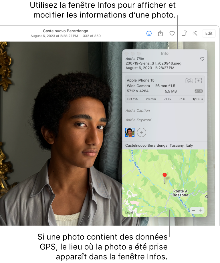La fenêtre d’informations d’une photo.