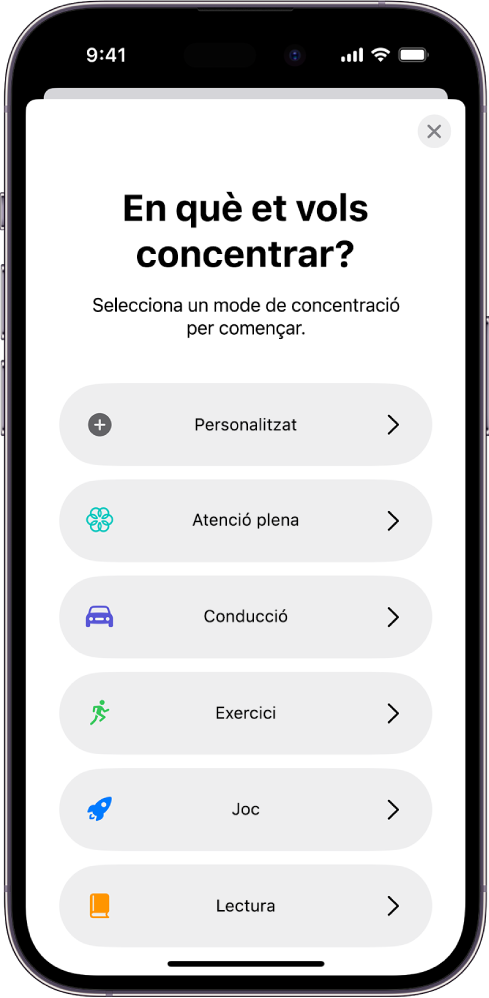 Pantalla de configuració dels modes de concentració per a una de les opcions de concentració addicionals proporcionades, incloses “Personalitzat”, “Conducció”, “Fitnes”, “Jocs”, “Atenció plena” i “Lectura”.