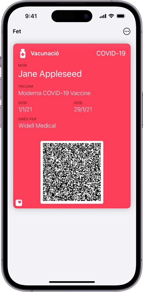 Una targeta de vacunació a l’app Cartera.