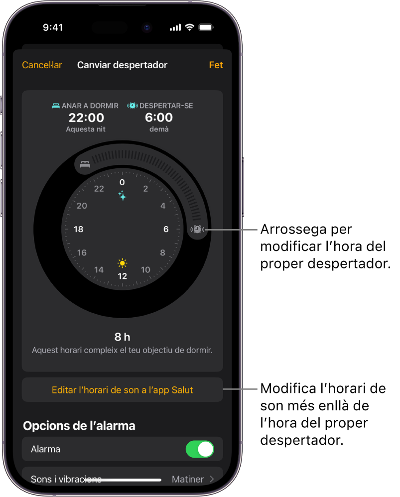 Pantalla per canviar l’hora de despertar-te de demà, amb botons que pots arrossegar per canviar l’hora d’anar a dormir i l’hora de despertar-te, un botó per canviar l’horari de son a l’app Salut, i un botó per activar o desactivar el despertador.