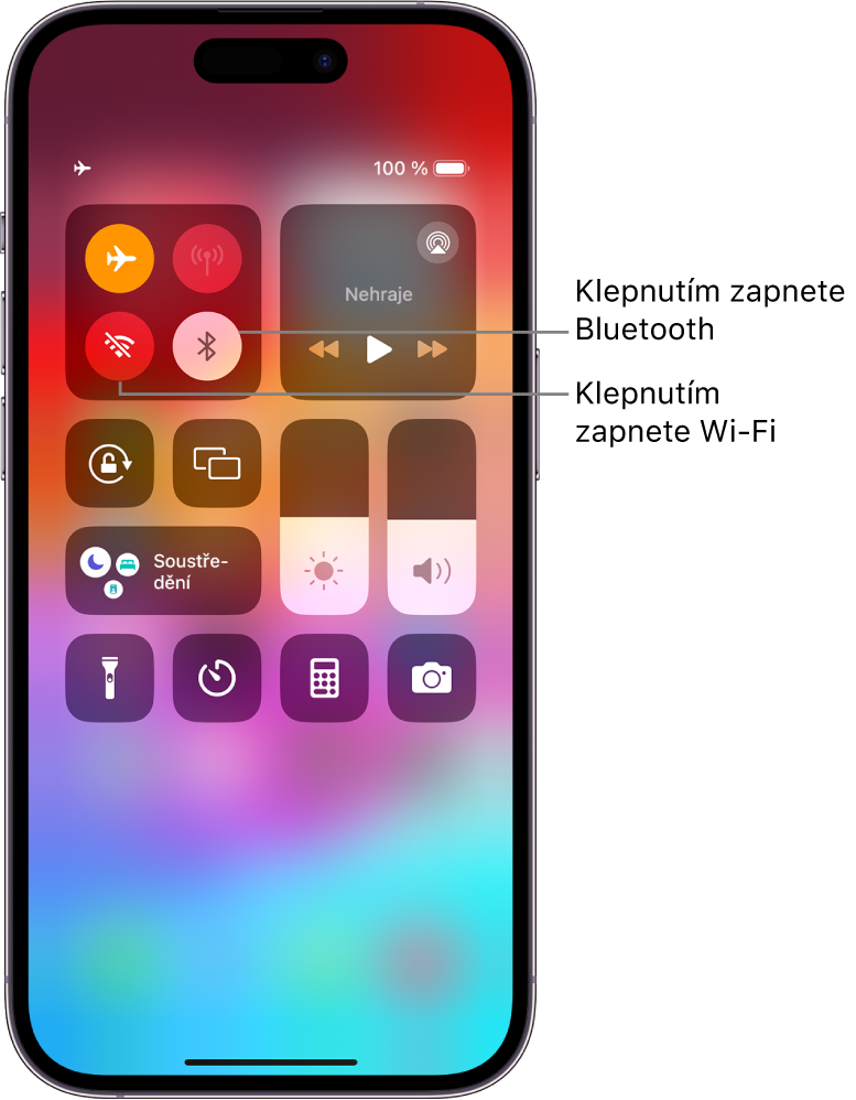 Ovládací centrum se zapnutým letovým režimem. Indikátory pro Wi‑Fi a Bluetooth jsou vypnuté. Poblíž levého horního rohu Ovládacího centra se zobrazují tlačítka pro zapnutí rozhraní Wi‑Fi a Bluetooth.