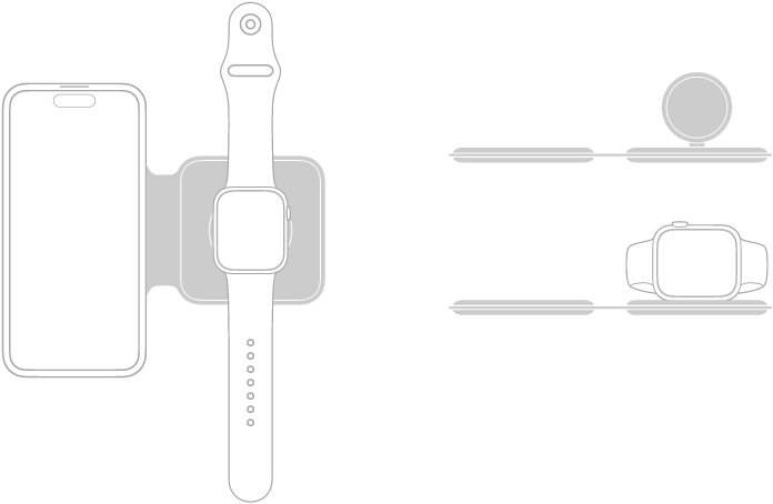 Na obrázku vlevo leží iPhone a Apple Watch na nabíjecích plochách nabíječky MagSafe Duo. Obrázek vpravo nahoře ukazuje zvednutí nabíjecí plochy pro Apple Watch. Na obrázku pod ním jsou na zvednutou nabíjecí plochu umístěny Apple Watch.