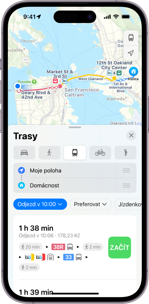 Mapa s trasami cesty veřejnou dopravou. Na kartě trasy v dolní části se zobrazují podrobné informace o trase – odhadovaná doba cesty a celková cena. Vpravo od podrobných informací je umístěné tlačítko Začít.