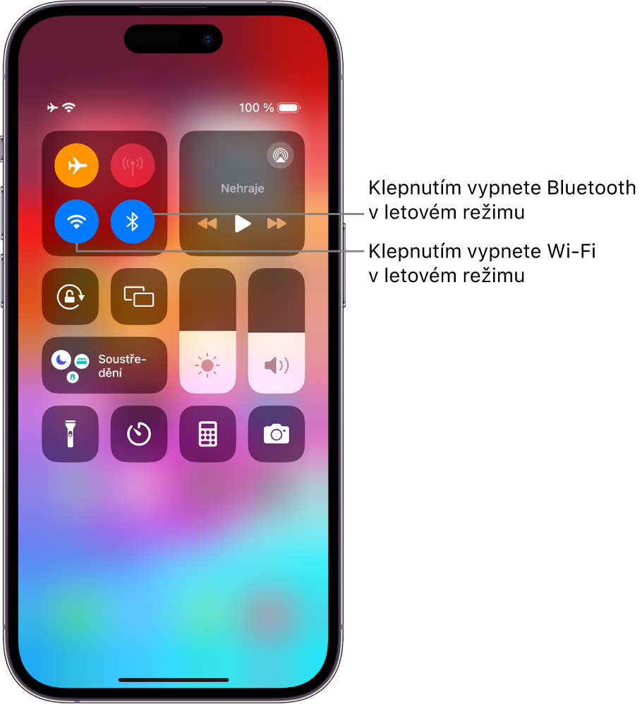 Ovládací centrum iPhonu Skupina ovládacích prvků vlevo nahoře obsahuje tlačítka Letový režim (vlevo nahoře) Wi‑Fi (vlevo dole) a Bluetooth (vpravo dole). Letový režim, Wi‑Fi i Bluetooth se zobrazují jako zapnuté. Klepnutím na tlačítko Bluetooth se v letovém režimu vypne Bluetooth. Klepnutím na tlačítko Wi-Fi se v letovém režimu vypne Wi-Fi