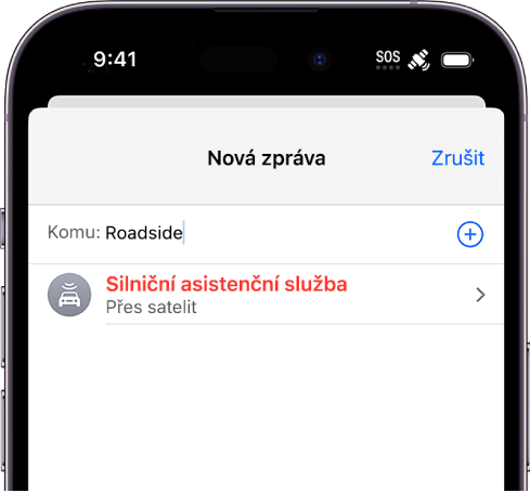 Nová zpráva se slovem „silniční“ v poli adresy. Pod ním se zobrazuje odkaz na silniční asistenční službu přes satelit.