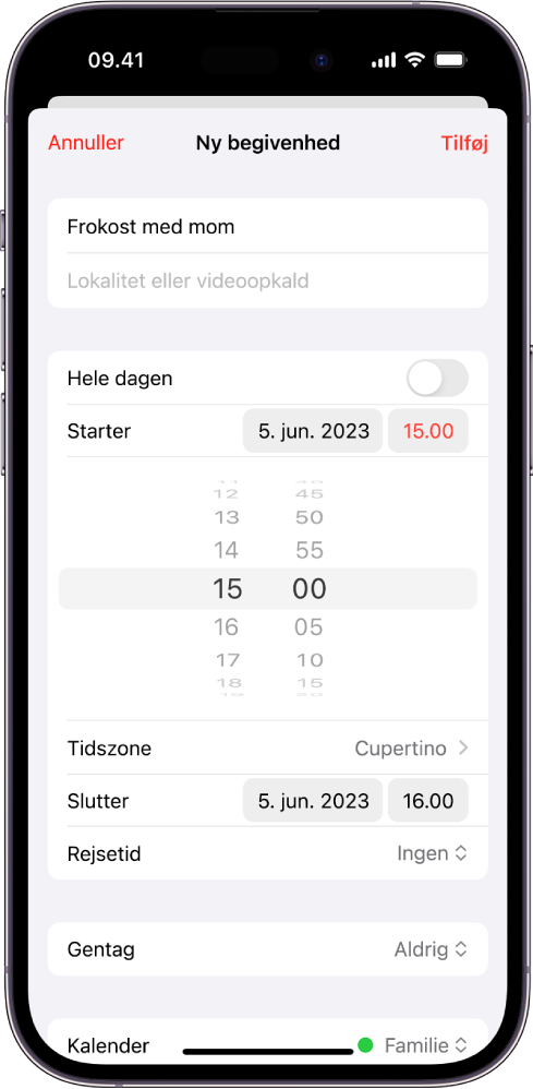 En kalenderbegivenhed med indstillinger til klokkeslæt og tidszone for begivenheden.