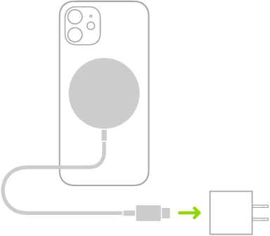 En illustration, der viser den ene ende af MagSafe-opladeren på bagsiden af iPhone, mens den anden ende er sluttet til en stikkontakt.