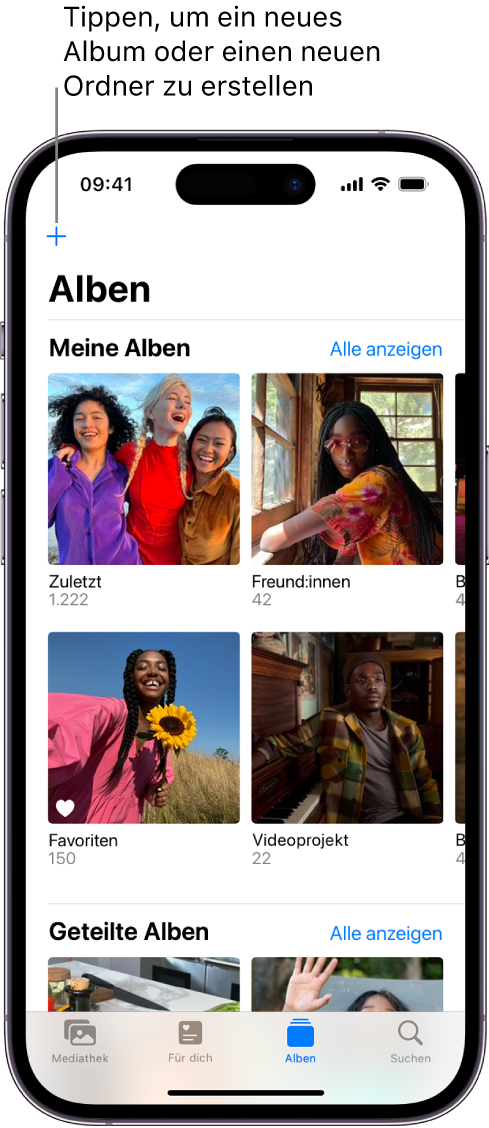 Der Tab „Alben“ unten auf dem Bildschirm ist ausgewählt und auf dem Bildschirm „Alben“ werden unter den Überschriften „Meine Alben“ und „Geteilte Alben“ mehrere Alben angezeigt. Neben der Überschrift „Meine Alben“ befindet sich die Taste „Alle anzeigen“. Oben links befindet sich die Taste „Hinzufügen“.