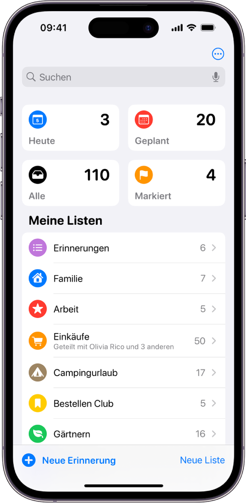 Ein Bildschirm der App „Erinnerungen“ mit verschiedenen Listen. Über „Intelligente Listen“ für heute fällige Objekte, geplante Erinnerungen, alle und markierte Erinnerungen wird das Suchfeld angezeigt. Die Taste „Neue Liste“ befindet sich unten rechts.