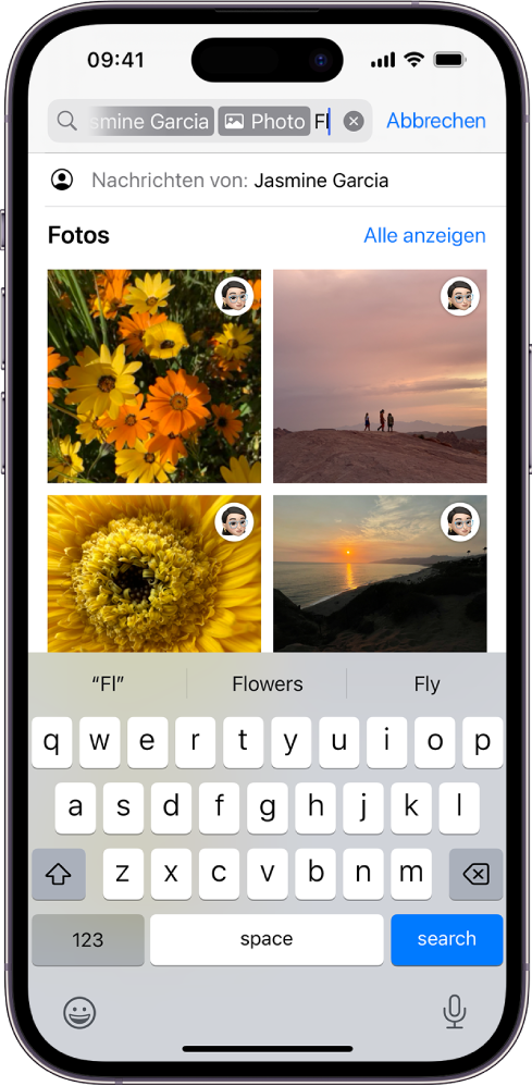 Das Suchfeld in der App „Nachrichten“. Das Suchfeld enthält ein Tag, dass die Suche auf Fotos eingrenzt, die von einer bestimmten Person gesendet wurden.