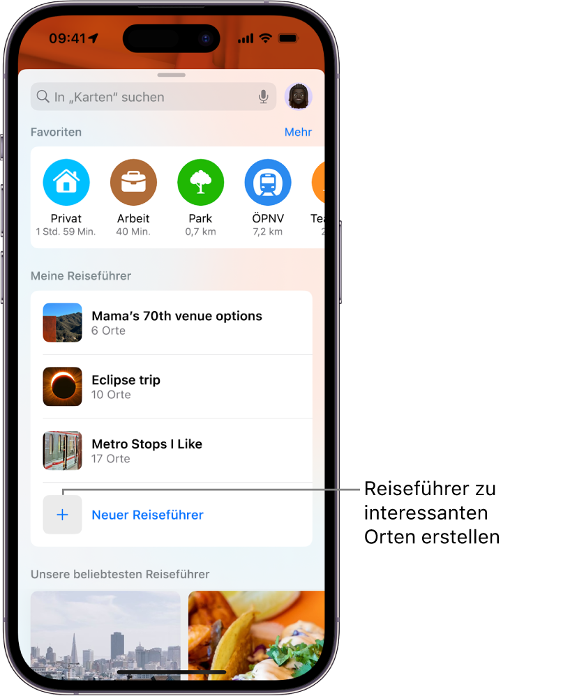 Eine Suchkarte in der App „Karten“ mit mehreren eigenen Reiseführern unter „Meine Reiseführer“ und der Taste „Neuer Reiseführer“ unten.