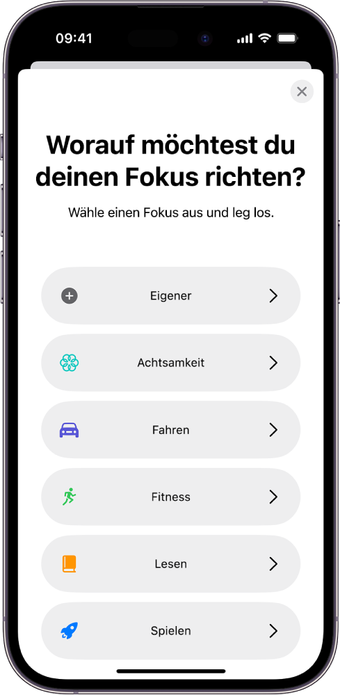 Abbildung einer Fokus-Konfiguration für eine der zusätzlich bereitgestellten Fokus-Optionen wie „Eigener“, „Fahren“, „Fitness“, „Spielen“, „Achtsamkeit“ und „Lesen“