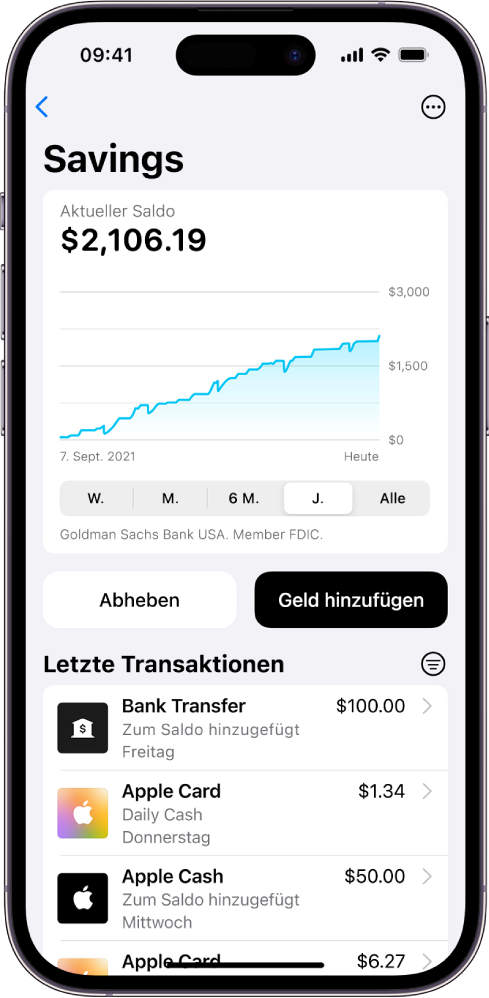 Eine Anzeige mit den Details eines Savings-Kontos, darunter der aktuelle Kontostand und eine Grafik mit dem Kontostand im Zeitverlauf im oberen Bereich, Tasten zum Abheben und Hinzufügen von Geld in der Mitte und den letzten Transaktionen im unteren Bereich.