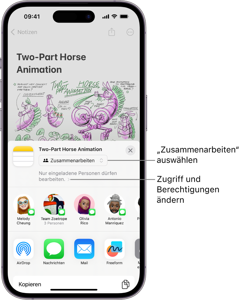 Eine Einladung zum Zusammenarbeiten an einer Zeichnung in der App „Notizen“, in der die Freigabeoption „Zusammenarbeiten“ und die Zugriffs- und Berechtigungseinstellung „Nur von dir eingeladene Personen dürfen bearbeiten“ angezeigt wird. Vier potenzielle Empfänger:innen, darunter eine Gruppe, werden in einer Zeile darunter angezeigt. Die untere Zeile enthält verschiedene Möglichkeiten zum Teilen der Notiz: AirDrop, Nachrichten, Mail und Freeform.