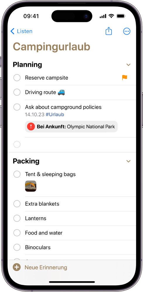 Eine Checkliste für einen Campingurlaub wird in „Erinnerungen“ angezeigt. Einige Objekte sind mit Tags, Orten, Flaggen und Fotos gekennzeichnet. Die Taste „Neue Erinnerung“ wird unten links angezeigt.