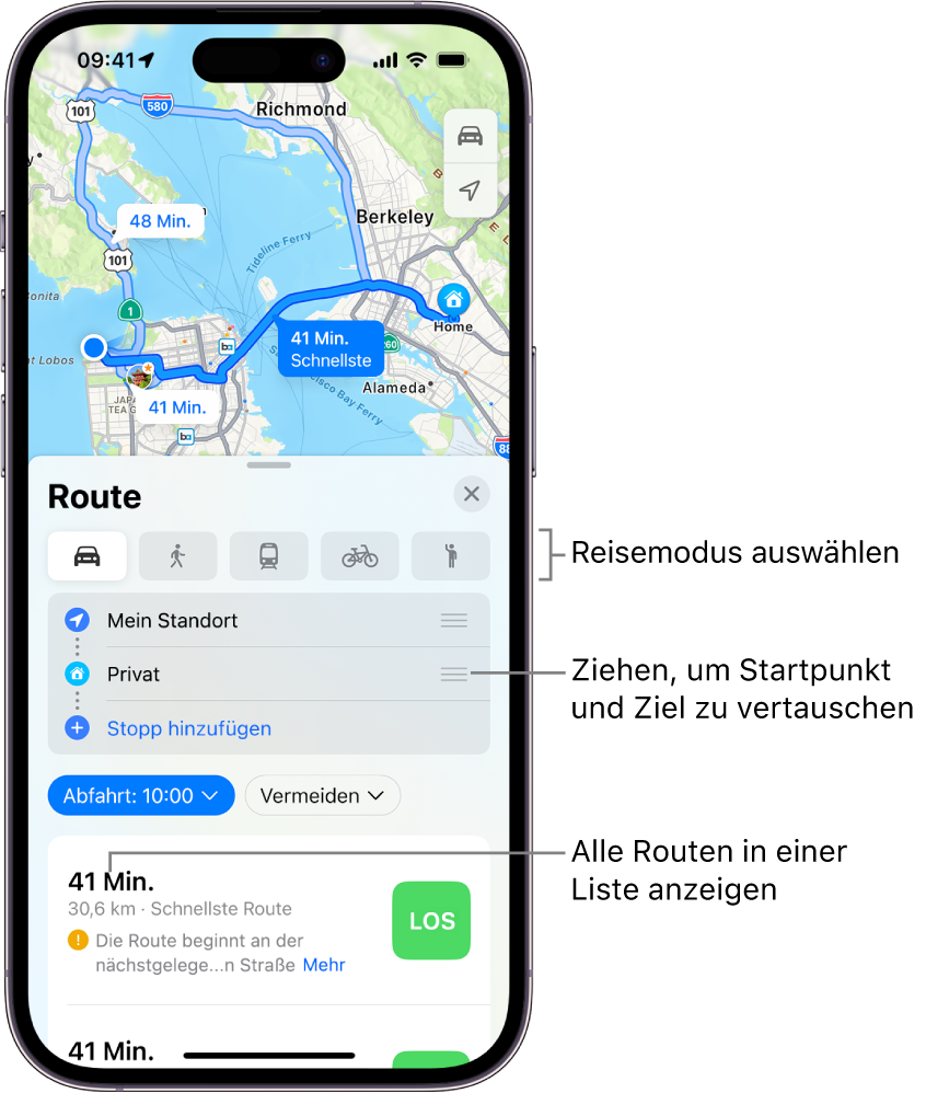 Eine Karte zeigt mehrere Fahrtrouten zwischen zwei Standorten sowie Optionen zum Auswählen einer anderen Fortbewegungsart, Vertauschen von Start und Ziel, und der Routenanzeige als Liste.