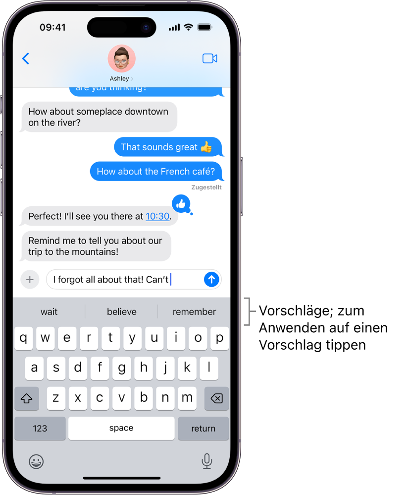 Die Bildschirmtastatur ist in der App „Nachrichten“ geöffnet. Text wird in das Textfeld eingegeben und über der Tastatur sind Textvorschläge für das nächste Wort.