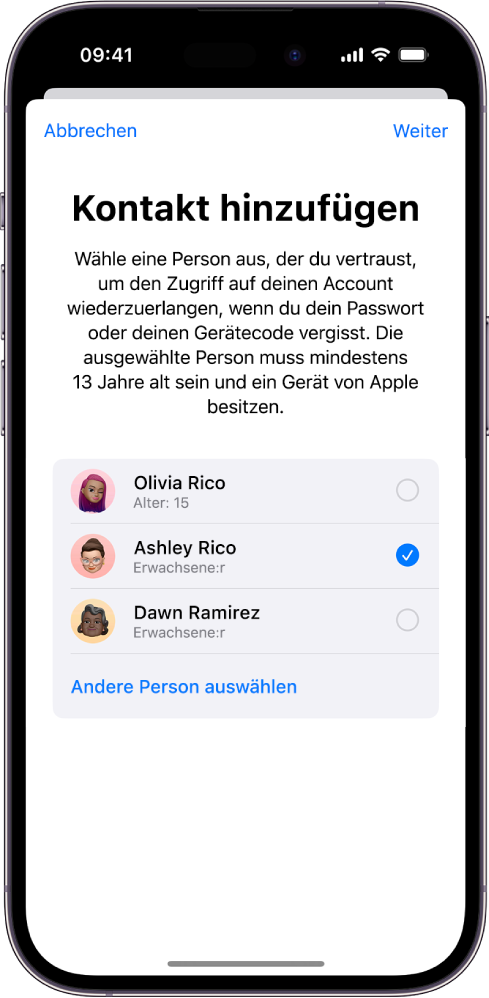 Der Bildschirm „Wiederherstellungskontakt“ zeigt vorgeschlagene Kontakte, die als Wiederherstellungskontakte gewählt werden können, sowie die Option, eine andere Person auszuwählen.